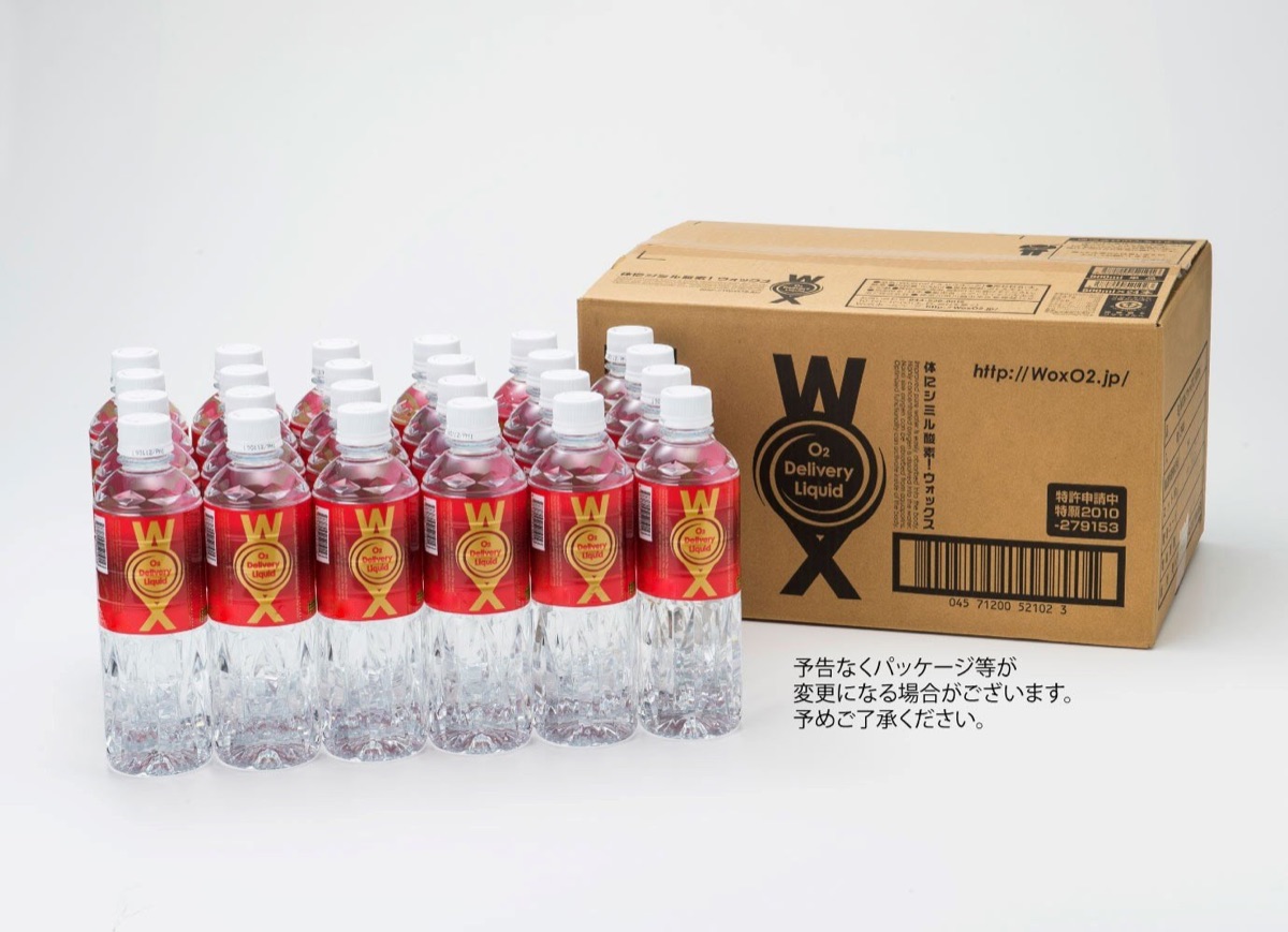 Case of 24 WOX bottles beside its shipping carton